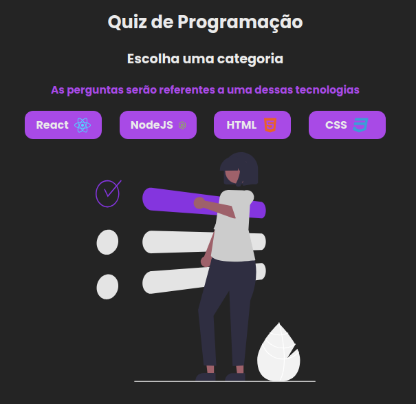 Quiz sobre programação onde você pode testar seus conhecimentos em React,Node,html e css